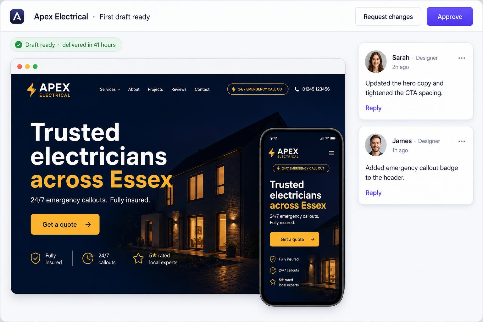 Draft review interface showing the Apex Electrical website on desktop and mobile, with designer comments