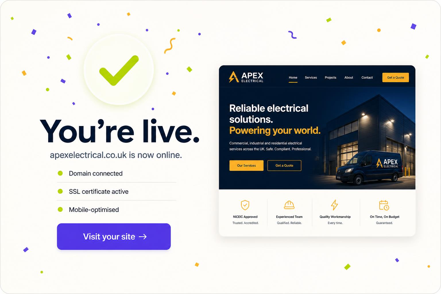 Launch confirmation screen — apexelectrical.co.uk is now online