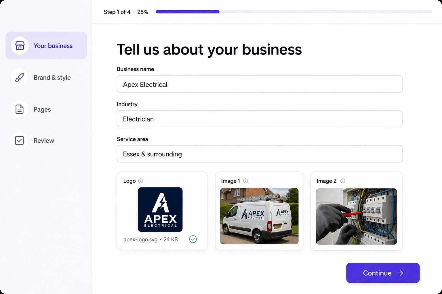 Free Websites UK onboarding screen showing a business details form, logo upload and progress indicator