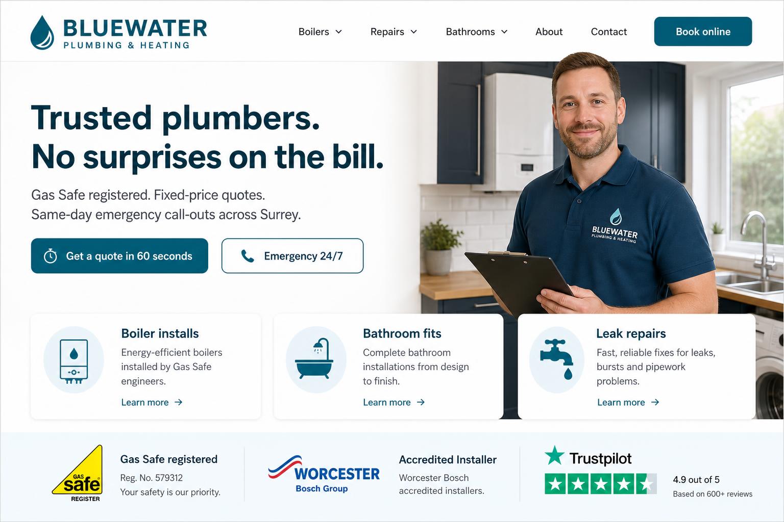 Bluewater Plumbing & Heating desktop website preview
