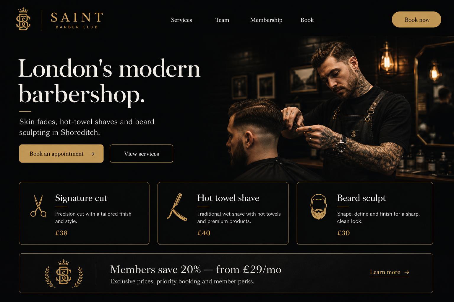 Saint Barber Club desktop website preview