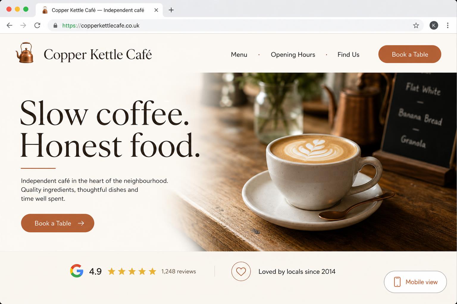 Copper Kettle Café website after redesign — modern, mobile-first, clear call to action