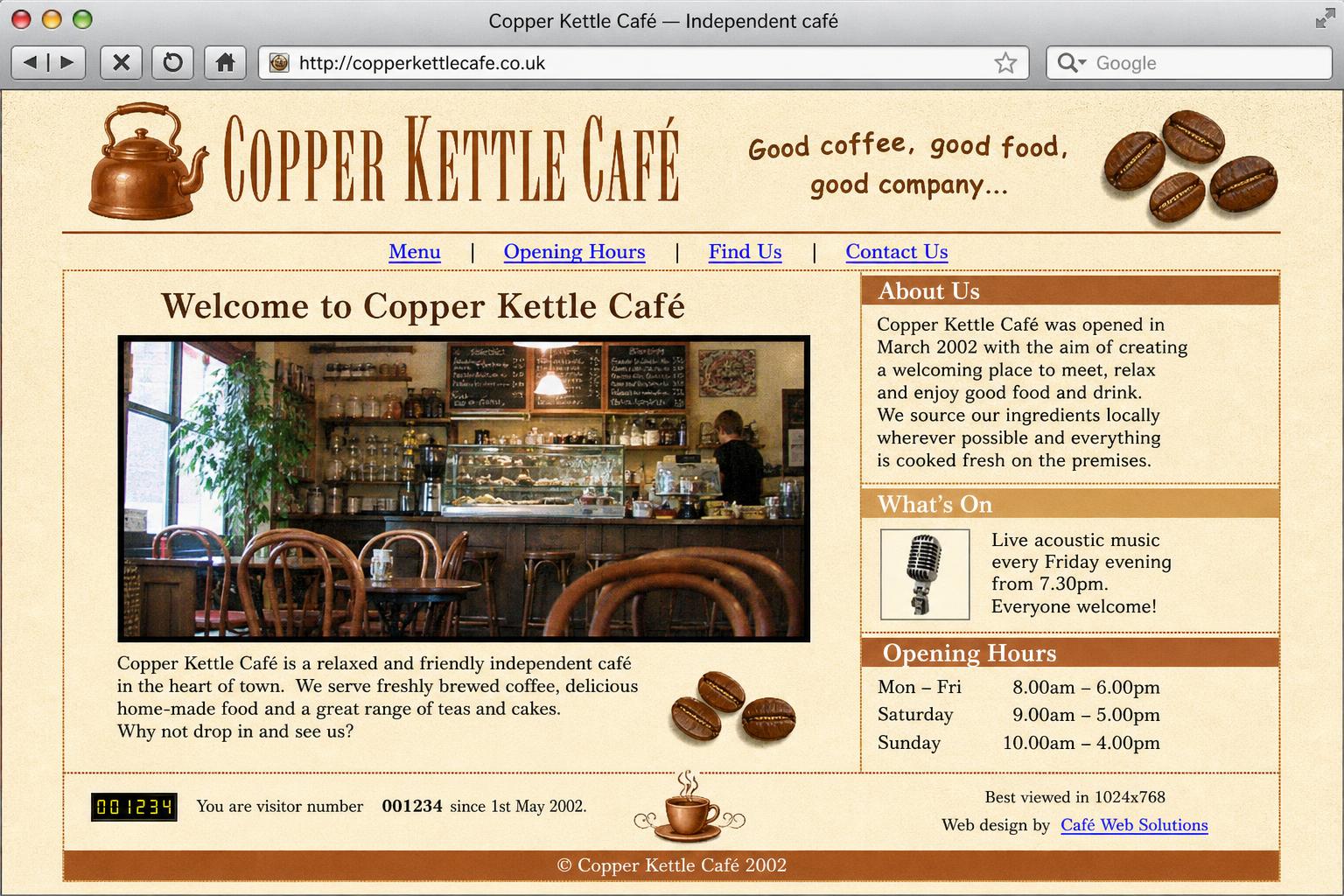 Copper Kettle Café website before redesign — dated layout and typography